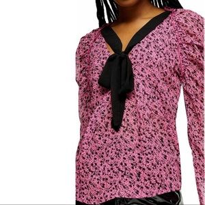 TopShop Prairie Blouse Pink with Black Bow Size 4
